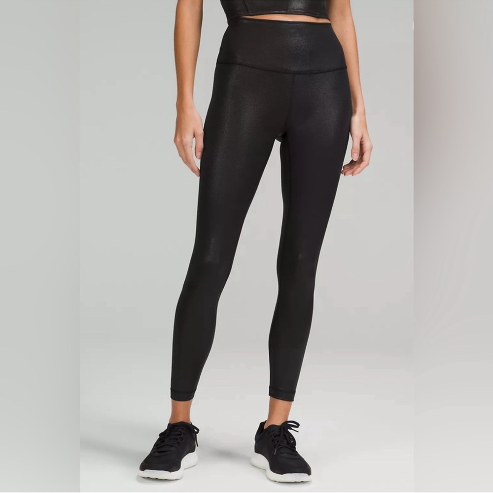 Lululemon Wunder Train High Rise 25” Black Foil Tights, 8